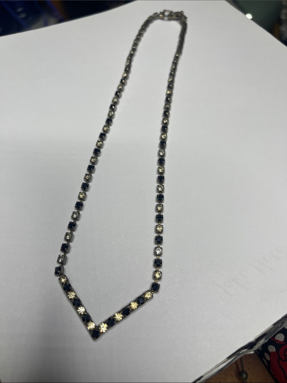 Vintage V-Shaped black and Clear Crystal Tennis Necklace. Well worn elegance